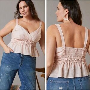 Anthropologie Maeve Tank Top Size 2X NWT Shirred Peplum Pink Stripe Smocked